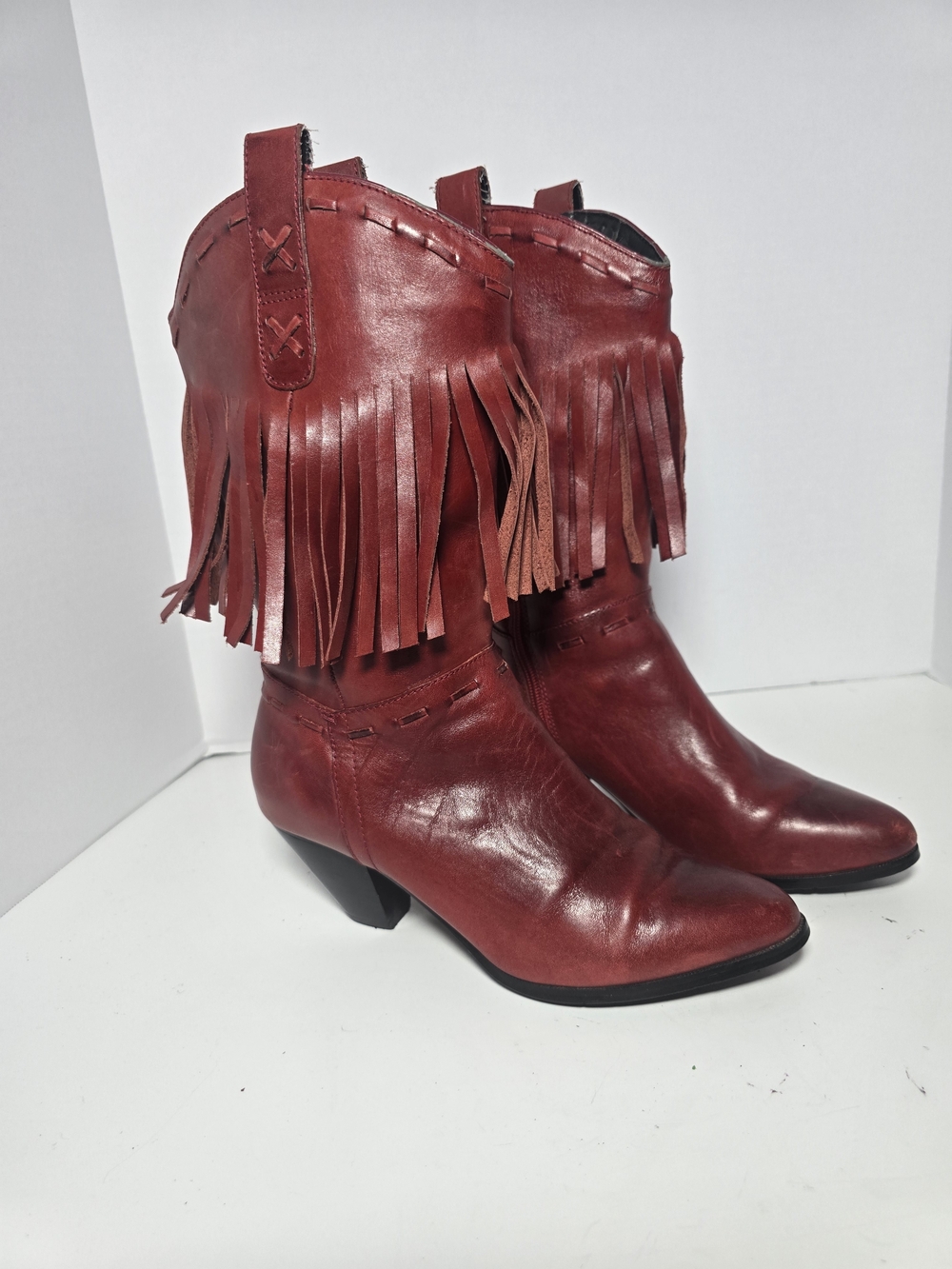 Dingo Burgundy Fringe Leather Mid-Calf Heeled Boots